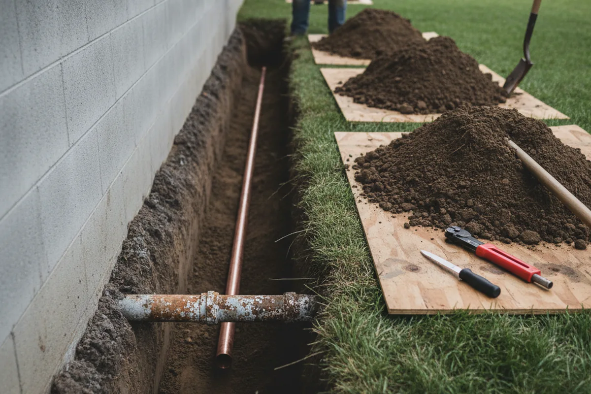 Excavated water line trench during Water Heater Repair in Machiasport